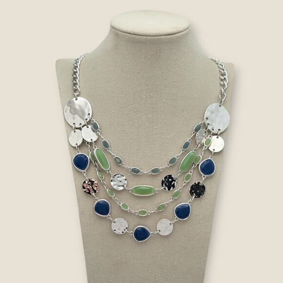 Blue Green Silver Tone Multi Strand Disc Statement Necklace – Layered Boho Chic - Picture 1 of 7